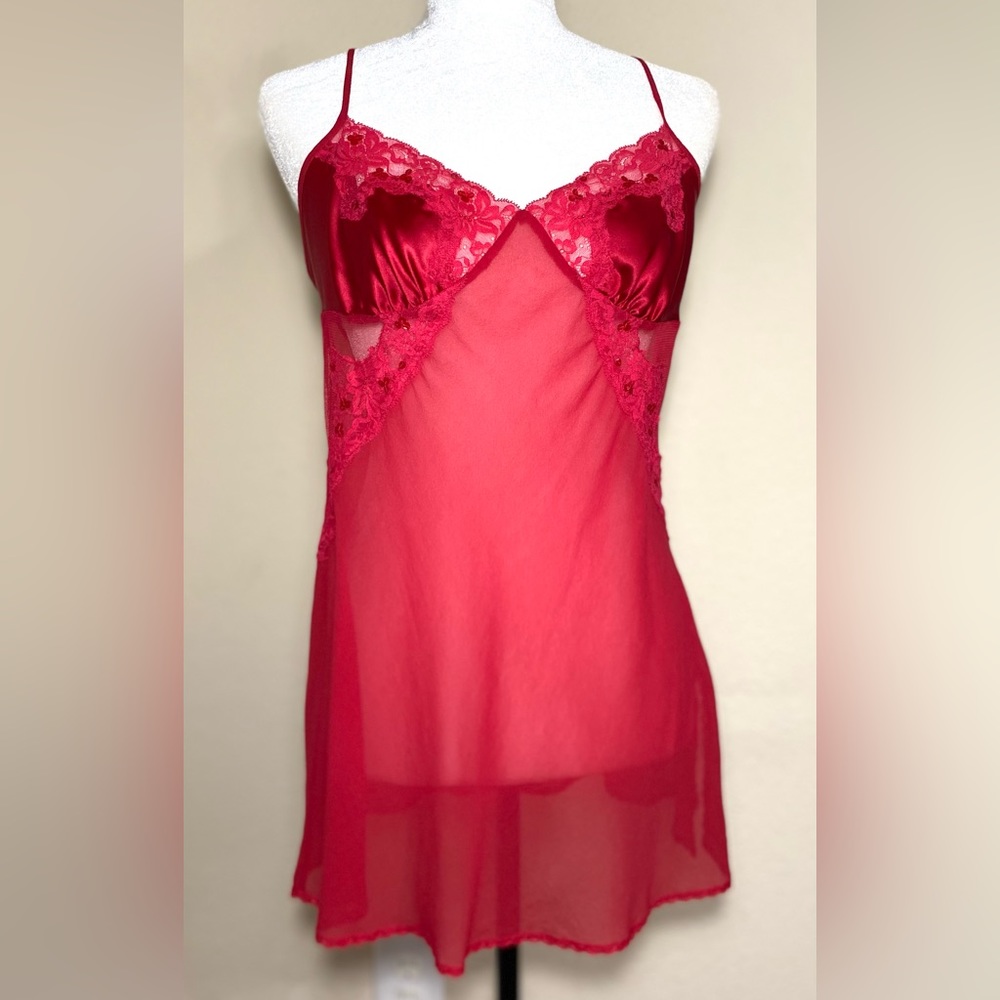 Victorias Secret Red Silk Slip Dress with Sequins  Medium